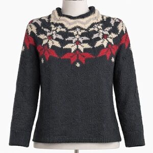 Vtg Rabbit Hair Nordic Fair Isle Mock Neck Sweater S Black Cottagecore Apre Ski